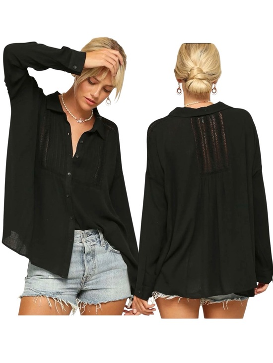 Kyemi Tops - NEW Kyemi Black Lightweight Open Lace Crochet Inset Boho Breeze Button Up Shirt